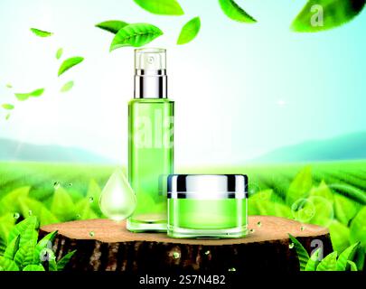 Grüner Tee Hautpflege Anzeigen mit Produkten auf geschnittenen Baumstamm und Blätter, die in den Himmel fliegen in 3D Illustration, Bokeh Tee Garten Hintergrund. Werbung für Hautpflege für grünen Tee Stock Vektor