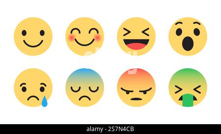 Flaches Design Emoji Set mit verschiedenen Reaktionen für Social Media Network isoliert auf weiß. Flache Design Vektor Moderne Emoticons Stock Vektor