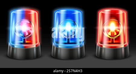 Realistische Krankenwagenblitze. Warnblinkleuchten, Sicherheitsleuchten und Warnsirene. Notfallleuchte, Unfallblinker oder Rettungsalarm 3D Vektor isolierte Objekte Set. Realistische Krankenwagenblitze. Warnblinkleuchten, Sicherheitsleuchten und Warnsirene. Notlicht 3D Vektorset Stock Vektor