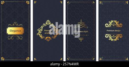 Elegante Einladung. Dekoratives Damastmuster, goldener Rahmen und barocke, verzierte Luxusbroschüre. Elegante Hochzeitskarten, Goldschmuck oder kosmetische Produktbox Hintergrund Vektor-Satz. Elegante Einladung. Dekorative Damastverzierung Muster, goldener Rahmen und Barock verzierte Luxus Broschüre Hintergrund Vektor Set Stock Vektor