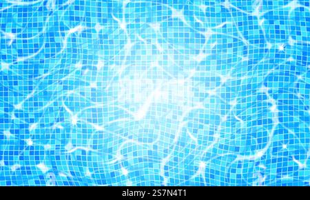 Pool-Wasserhintergrund mit ätzenden Wellen und Sonnenlicht-Blendungseffekt. Wasseroberfläche mit Wellenlandschaft. Vektordarstellung der Unterwasserunterseite, Draufsicht. Pool-Wasserhintergrund mit ätzenden Wellen und Sonnenlicht-Blendungseffekt. Wasseroberfläche mit Wellenlandschaft. Vektordarstellung der Unterwasserunterseite, Draufsicht Stock Vektor