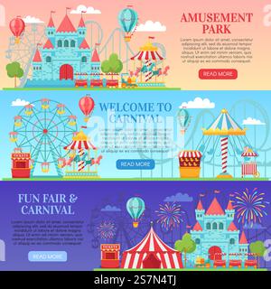 Banner für Vergnügungspark. Unterhaltsame Festivalattraktionen, Kinderkarussell und Riesenrad-Attraktion. Amuse-Fähre, Messegelände oder Zirkus-Ticket. Banner Hintergrund Vektor Illustration Set. Banner für Vergnügungspark. Amüsante Festivalattraktionen, Kinderkarussell und Riesenrad Attraktion Banner Hintergrund Vektor Illustration Stock Vektor