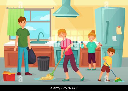 Familien-Reinigungsküche. Vater, Mutter und Kinder reinigen gemeinsam die Küche, stauben und wischen den Boden ab. Küche Hausreinigung, ordentliche Familie regelmäßige Haushalt Cartoon Vektor Illustration. Familien-Reinigungsküche. Vater, Mutter und Kinder reinigen Küche zusammen Haushalt stauben und abwischen Boden Karikaturvektor Illustration Stock Vektor