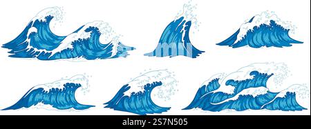 Meereswellen. Tosende Meerwasserwelle, alte Sturmwellen und Gezeiten, die von Hand gezeichnet werden. Tsunami-Wellen, Meeresgezeiten oder Surfplanschen. Vektorabbildung isolierte Symbole gesetzt. Meereswellen. Tosende Meerwasserwelle, Vintage Sturmwellen und Wellen Gezeiten Hand gezeichnete Vektor-Illustration Stock Vektor