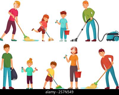 Familienhaushalt. Eltern und Kinder putzen das Haus, putzen mit Staubsauger und waschen den Boden. Haushaltsarbeit oder Hygiene im Haushalt. Zeichentrickvektor Illustration isolierte Symbole Set. Familienhaushalt. Eltern und Kinder reinigen Haus, Reinigung mit Staubsauger und Waschboden Karikaturvektor Illustration Set Stock Vektor
