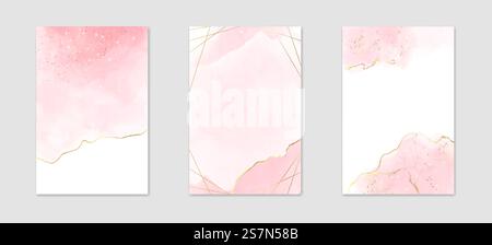 Sammlung von abstraktem staubigen rosa flüssigen Aquarellhintergrund mit goldenen Linien und polygonalem Rahmen. Pastellmarmor-Alkohol-Tusche zeichnend-Effekt. Vektor-Illustration Design-Vorlage für Hochzeitseinladung.. Abstrakter staubiger rosafarbener flüssiger Aquarellhintergrund mit goldenen Linien, Punkten und polygonalem Rahmen. Pastellmarmor-Alkohol-Tusche zeichnend-Effekt. Vektor-Illustration Design-Vorlage für Hochzeitseinladung Stock Vektor