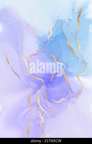 Mauve und blaues flüssiges Aquarellhintergrund mit goldenem Glitzerspritzer. Pastellviolett- und Cyan-Marmor-Alkohol-Tintenzeichnungseffekt. Vektor-Illustration von abstrakten stilvollen flüssigen Kunsthintergrund.. Mauve und blaues flüssiges Aquarellhintergrund mit goldenem Glitzerspritzer. Pastellviolett- und Cyan-Marmor-Alkohol-Tintenzeichnungseffekt. Vektor-Illustration des abstrakten stilvollen fließenden Kunsthintergrunds Stock Vektor