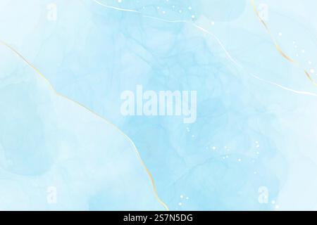 Türkisfarbener und blauer flüssiger Aquarellhintergrund mit goldenen Glitzerlinien. Pastellfarbe Cyan Marmor Alkohol Zeichnen Effekt mit Goldfolienrissen. Vektor-Illustration abstrakter flüssiger Kunsthintergründe. Türkisfarbener und blauer flüssiger Aquarellhintergrund mit goldenen Glitzerlinien. Pastellfarbe Cyan Marmor Alkohol Zeichnen Effekt mit Goldfolienrissen. Vektor-Illustration abstrakter flüssiger Kunsthintergründe Stock Vektor