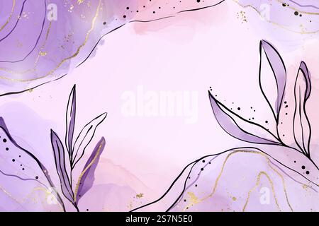 Abstrakter staubiger rosa und rötlicher flüssiger Aquarellhintergrund mit Ast- und Goldfolienelementen. Pastellalkohol-Tuschentablegeeffekt mit Goldflecken. Vektor-Illustration der botanischen eleganten Tapete.. Abstrakter staubiger violetter flüssiger Aquarellhintergrund mit Ast- und Goldfolienelementen. Pastellfarben-Lavendelalkohol-Tuschentableffekt mit Goldflecken. Vektor-Illustration der botanischen eleganten Tapete Stock Vektor