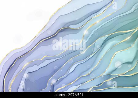 Abstrakter staubiger violetter und blauer flüssiger marmorierter Aquarellhintergrund mit Wellenmuster und goldenen Rissen. Pastellmarmor-Alkohol-Tusche zeichnend-Effekt. Vektorillustration Designvorlage für Einladung. Abstrakter staubiger violetter und blauer flüssiger marmorierter Aquarellhintergrund mit Wellenmuster und goldenen Rissen. Pastellmarmor-Alkohol-Tusche zeichnend-Effekt. Vektorillustration Designvorlage für Einladung Stock Vektor