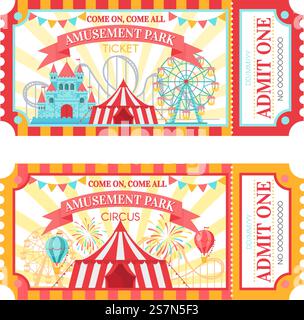 Eintrittskarte für den Vergnügungspark. Lassen Sie eine Eintrittskarte für den Zirkus, ein Festival für Familienparks und ein amüsantes Messegelände zu. Amüsante Messe oder Zirkus Karneval Show Ticket Vektor Illustration Set. Eintrittskarte für den Vergnügungspark. Lassen Sie eine Eintrittskarte für den Zirkus, das Festival der Attraktionen im Familienpark und die amüsante Vektor-Illustration des Festplatzes zu Stock Vektor