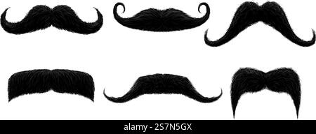 Klassischer Schnurrbart. Lustiger Retro-Schnurrbart, gefälschte Schnurrbärte und isolierte lockige Schnurrbärte. Gentleman Schnurrbart oder Friseur Schnurrbart Frisur. Vektorabbildung isolierte Symbole gesetzt. Klassischer Schnurrbart. Lustiger Retro-Schnurrbart, gefälschte Schnurrbärte und isolierte lockige Haare Schnurrbart-Vektor-Illustration Stock Vektor