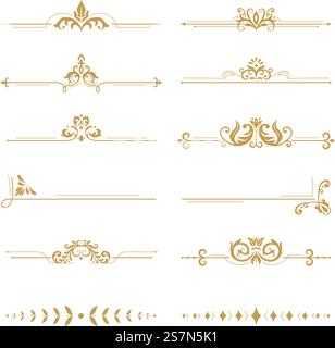 Elegante Damastteiler. Vintage-Boutique-Blumenteiler, goldenes Blumenschmuck und Hochzeitsbuchrahmen. Reich verzierte goldene Trennwände im viktorianischen Stil. Vektor-isolierte Zeichen gesetzt. Elegante Damastteiler. Vintage Boutique Blumenteiler, goldene Blumenschmuck und Hochzeitsbuch Rahmen Design Elemente Vektor Set Stock Vektor