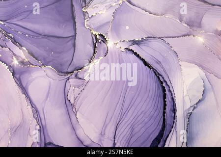 Abstrakter luxuriöser, flüssiger Aquarellhintergrund mit goldenen Flecken. Pastellviolett Marmor Alkohol Tusche Zeichnen Effekt. Vektor-Illustration Design-Vorlage für Hochzeitseinladung.. Abstrakter luxuriöser, flüssiger Aquarellhintergrund mit goldenen Flecken. Pastellviolett Marmor Alkohol Tusche Zeichnen Effekt. Vektor-Illustration Design-Vorlage für Hochzeitseinladung Stock Vektor