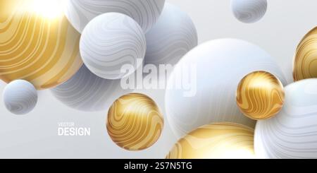 Abstrakter Hintergrund mit 3D-Marmorkugeln. Weiße und goldene Blasen. Vektor-Illustration von Kugeln strukturiert mit gewellter gestreifter Textur. Modernes Deckkonzept. Dekoelement für Bannerdesign. Abstrakter Hintergrund mit dynamischen 3D-Kugeln Stock Vektor