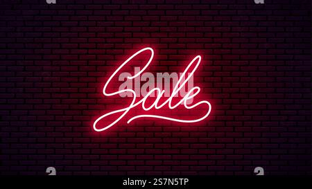 Handgezeichneter Neon-Schriftzug im Sale. Fertig leuchtende Schilder. Vektor-Neontext isoliert auf Backsteinhintergrund. Stock Vektor