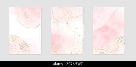 Sammlung von abstraktem staubigen rosa flüssigen Aquarellhintergrund mit goldenen Linien und polygonalem Rahmen. Pastellmarmor-Alkohol-Tusche zeichnend-Effekt. Vektor-Illustration Design-Vorlage für Hochzeitseinladung.. Abstrakter staubiger rosafarbener flüssiger Aquarellhintergrund mit goldenen Linien, Punkten und Flecken. Pastellmarmor-Alkohol-Tusche zeichnend-Effekt. Vektor-Illustration Design-Vorlage für Hochzeitseinladung Stock Vektor