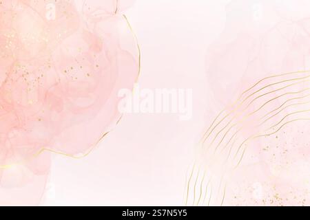 Abstrakter rosa flüssiger Aquarellhintergrund mit goldenen Glitzerflecken und Linien. Rose Marmor Alkohol Tusche zeichnend Effekt mit Goldfolie. Vektor-Illustration Vorlage für Hochzeitseinladung. Abstrakter rosa flüssiger Aquarellhintergrund mit goldenen Glitzerflecken und Linien. Rose Marmor Alkohol Tusche zeichnend Effekt mit Goldfolie. Vektor-Illustration Vorlage für Hochzeitseinladung Stock Vektor