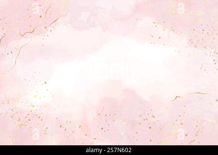 Abstrakter staubiger, rötlicher flüssiger Aquarellhintergrund mit Goldflecken und Linien. Pastellrosen Marmor Alkohol Tuscheeffekt und goldener Folienstaub. Vektor-Illustration Design für Hochzeitseinladung.. Abstrakter staubiger, rötlicher flüssiger Aquarellhintergrund mit Goldflecken und Linien. Pastellrosen Marmor Alkohol Tuscheeffekt und goldener Folienstaub. Vektor-Illustration Design für Hochzeit Inviration Stock Vektor
