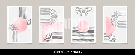 Moderne, abstrakte Poster aus der Mitte des Jahrhunderts mit Linien und Aquarellelementen. Trendige geometrische Hintergründe für Wanddekoration, Broschürenabdeckung. Zeitgenössische Vektorillustration moderner Drucke. Moderne, abstrakte Poster aus der Mitte des Jahrhunderts mit Linien und Aquarellelementen. Trendige geometrische Hintergründe für Wanddekoration, Broschürenabdeckung. Zeitgenössische Vektorillustration moderner Home Prints Stock Vektor