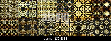 Goldene arabische Ornamente nahtloses Muster. Arabische Mode, geometrische islamische Ornamente und goldener ramadan-Rahmen. Keramiktextur, Boho-Mosaik oder türkisches ethnisches ornamentales Textilmuster Vektor-Set. Goldene arabische Ornamente nahtloses Muster. Araber Mode, geometrische islamische Ornament und Gold ramadan Rahmenmuster Vektor Set Stock Vektor