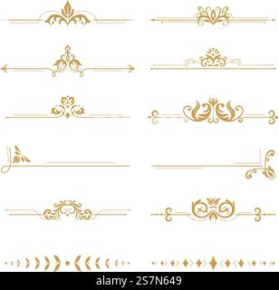 Elegante Damastteiler. Vintage-Boutique-Blumenteiler, goldenes Blumenschmuck und Hochzeitsbuchrahmen. Reich verzierte goldene Trennwände im viktorianischen Stil. Vektor-isolierte Zeichen gesetzt. Elegante Damastteiler. Vintage Boutique Blumenteiler, goldene Blumenschmuck und Hochzeitsbuch Rahmen Design Elemente Vektor Set Stock Vektor