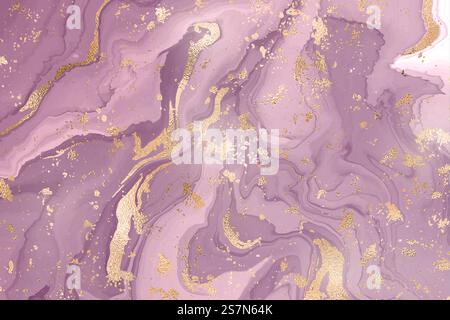 Abstrakter, staubiger, violetter flüssiger Marmor- oder Aquarellhintergrund mit goldenen Glitzerstreifen und -Beizen. Lila Marmor Alkohol Tinte Zeichnen Effekt. Vektor-Illustration Design-Vorlage für Hochzeitseinladung.. Abstrakter, staubiger, violetter flüssiger Marmor- oder Aquarellhintergrund mit goldenen Glitzerstreifen und -Beizen. Lila Marmor Alkohol Tinte Zeichnen Effekt. Vektor-Illustration Design-Vorlage für Hochzeitseinladung Stock Vektor