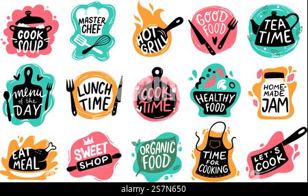 Schriftzug „Kochen“. Logos für Küchenabzeichen, Typografie für Backwaren und Kochetiketten. Logo für Gourmet-Speisen des Küchenchefs, Stempel für die Küche oder Kochzitat. Vektor-isolierte Symbole gesetzt. Schriftzug „Kochen“. Küchenabzeichen Logos, Backwaren Typografie und Koch Etiketten Vektorsatz Stock Vektor