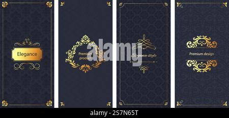 Elegante Einladung. Dekoratives Damastmuster, goldener Rahmen und barocke, verzierte Luxusbroschüre. Elegante Hochzeitskarten, Goldschmuck oder kosmetische Produktbox Hintergrund Vektor-Satz. Elegante Einladung. Dekorative Damastverzierung Muster, goldener Rahmen und Barock verzierte Luxus Broschüre Hintergrund Vektor Set Stock Vektor
