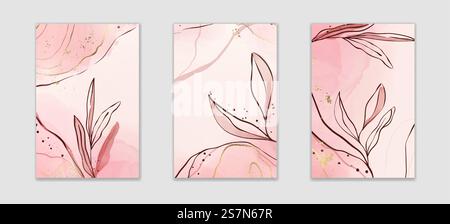 Abstrakter staubiger rosa und rötlicher flüssiger Aquarellhintergrund mit Ast- und Goldfolienelementen. Pastellalkohol-Tuschentablegeeffekt mit Goldflecken. Vektor-Illustration der botanischen eleganten Tapete.. Abstrakter staubiger rosa und rötlicher flüssiger Aquarellhintergrund mit Ast- und Goldfolienelementen. Pastellalkohol-Tuschentablegeeffekt mit Goldflecken. Vektor-Illustration der botanischen eleganten Tapete Stock Vektor