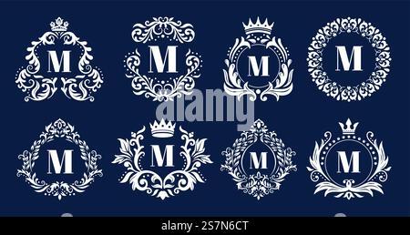 Luxuriöser Monogrammrahmen. Ornamentale Monogramme, heraldische Initialen, Logo-Ornament und elegante Briefumrandungen. Boutique- oder Royal victorian Alkoholstempel. Vektorabbildung isolierter Symbolsatz. Luxuriöser Monogrammrahmen. Ornamentale Monogramme, heraldische Initialen Logo Ornament und elegante Buchstaben Rand Rahmen Vektor Illustration Set Stock Vektor
