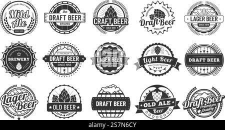 Bierabzeichen der Brauerei. Craft-Bier-Embleme, Hopfenlager und Hopfenabzeichen. Alkoholgläser Etiketten Stempel, octoberfest Bier Marke Logo oder schwarze Bar Aufkleber. Zeichensätze für isolierte Vektorgrafiken. Bierabzeichen der Brauerei. Craft Beers Embleme, Hopfenlager und Pub Hopfen Abzeichen isolierte Vektor Illustration Set Stock Vektor