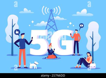Mobile 5g-Verbindung. Menschen mit Smartphones nutzen Hochgeschwindigkeits-Internet, Netzwerk der fünften Generation und Abdeckungszone. Smartphone-Telekommunikationswelle, Telefon drahtlose Datenverbindungsvektorillustration. Mobile 5g-Verbindung. Menschen mit Smartphones verwenden Hochgeschwindigkeits-Internet, Netzwerk der fünften Generation und Vektorillustration für Abdeckungszonen Stock Vektor