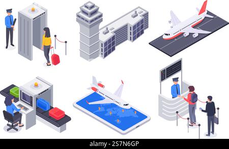Isometrische Flughafenpassagiere. Tourismusflugzeuge, Geschäftsreisender mit Reisegepäckkoffer. Privater vip Executive Jet oder Flugterminal. Vektorabbildung isolierte Symbole gesetzt. Isometrische Flughafenpassagiere. Tourismusflugzeug, Geschäftsreisender mit Reisegepäck Koffer Vektor Illustration Set Stock Vektor