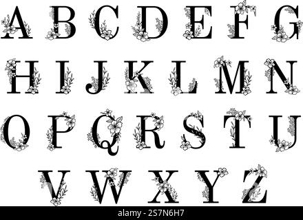 Blumenschmuck. Ornamentblumen Monogramm, Vintage-Schriftart und Blumenzweige Ornamente Alphabet. Königlich verzierte abc, blüht Dekor elegante Buchstaben oder antike Alphabet Vektor Illustration Set. Blumenschmuck. Ornamentale Blumen Monogramm, Vintage-Schriftart und Blumenzweige Ornamente Alphabet Vektor Illustration Set Stock Vektor