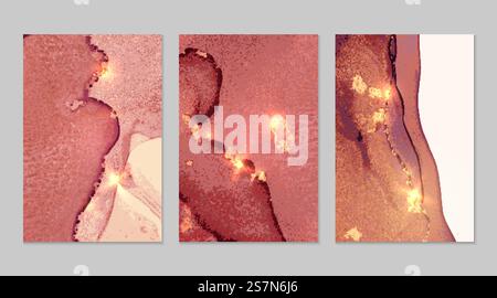 Helles kastanienbraunes und goldenes Muster mit Geodenstruktur und Funkeln. Abstrakter Vektorhintergrund in der Alkoholtinte-Technik. Moderne Farbe mit Glitzer. Hintergrund für Banner- und Posterdesign. Flüssige Kunst. Hintergrund für Banner, Poster mit hellem kastanienbraunem und goldenem Marmormuster Stock Vektor