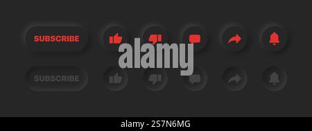 Neumorphe UI UX-Elemente YouTube-Schaltflächen wie „Gefällt mir nicht“ Kommentare Freigeben von Benachrichtigungen auf dunklem Hintergrund Stock Vektor