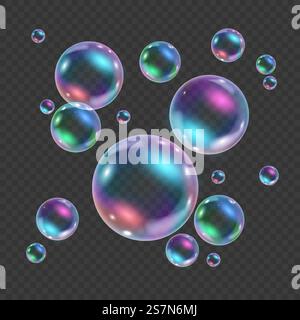 Bunte Unterwasserblase in Regenbogenfarben isoliert auf transparentem Hintergrund. Realistische Vektordarstellung von Luft- oder Seifenwasserblasen mit Reflexionen. Schwebende schimmernde Shampoo-Schaumbälle. Bunte Unterwasserblase in Regenbogenfarben isoliert auf transparentem Hintergrund. Realistische Vektordarstellung von Luft- oder Seifenwasserblasen mit Reflexionen. Schwebende schimmernde, glänzende Shampoo-Schaumbälle Stock Vektor
