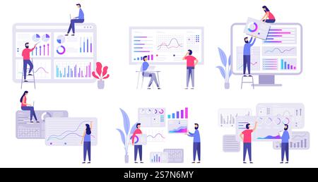 Marktprognose. Trendanalysen, Geschäftsmarketing-Strategie und Marktprognosen. Digitales Banking-Trading, Blockchain-Finanz-Analysediagramm. Satz mit isolierten Symbolen für flache Vektoren. Marktprognose. Trends Analytics, Business Marketing Strategie und Marktprognosen flache Vektor-Illustration Set Stock Vektor