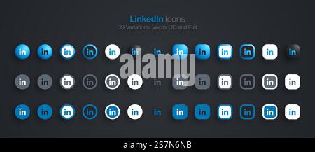 LinkedIn Symbole legen modernes 3D und flach in verschiedenen Variationen fest Stock Vektor