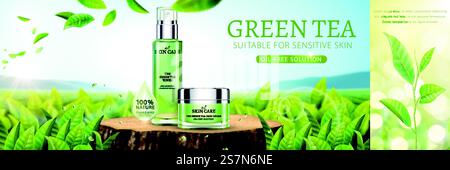 Grüner Tee Hautpflege Banner Anzeigen mit Tee Garten Hintergrund in 3D Illustration. Werbebanner für die Hautpflege von grünem Tee Stock Vektor