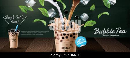 Bubble-Tee-Werbebanner mit Milch und grünen Blättern, 3D-Illustration. Werbebanner für Bubble-Tee Stock Vektor