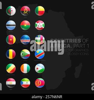 Afrikanische Länder Flaggen Glänzende Runde Symbole Isoliert Auf Schwarzem Hintergrund Teil 1 Stock Vektor
