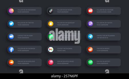 Social Media Network Lower Third Round Icons 3D-Banner auf dunklem Hintergrund gesetzt Stock Vektor