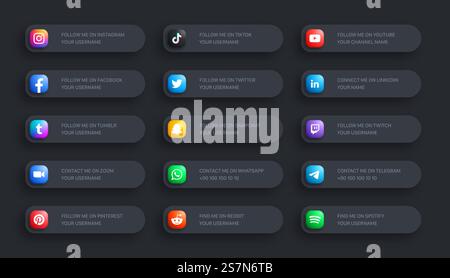 Social-Media-Netzwerk Unteres Drittel abgerundete Symbole 3D-Banner auf dunklem Hintergrund gesetzt Stock Vektor