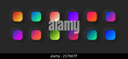 Verschiedene Variationen Vivid Gradient Schemas for UI UX Design on Dark Neumorphic Abstract Background Stock Vektor