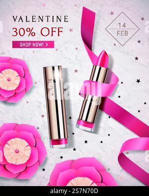 Happy Valentine&rsquo;s Sale Poster mit Papierblume und goldenem Lippenstift auf Marmorstein Hintergrund in 3D Illustration. Happy Valentine&rsquo;s Sale Poster Stock Vektor