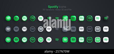 Spotify Icons Set Modern 3D und Flat in verschiedenen Variationen Stock Vektor