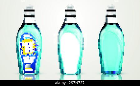 Geschirrseifenbehälter Design, Spülmittelflaschen in 3D-Illustration, einige mit Etiketten, einige ohne. Spülseifenbehälter Stock Vektor