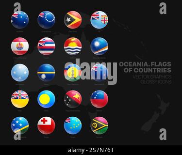 Ozeanien Länderflaggen 3D sphärenglänzende Symbole auf schwarzem Hintergrund Stock Vektor